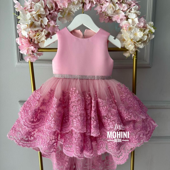 Rochie Prințesă Roz cu Dantelă și Trenă – Rochie Elegantă Fetita | Special Pink Lace
