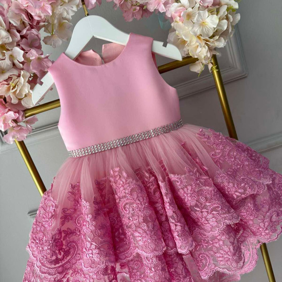 Rochie Prințesă Roz cu Dantelă și Trenă – Rochie Elegantă Fetita | Special Pink Lace