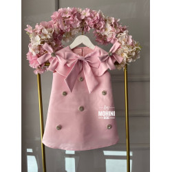 Rochie Prințesă Roz cu Fundă Mare și Nasturi Strălucitori – Rochie Elegantă Satin | Buttons