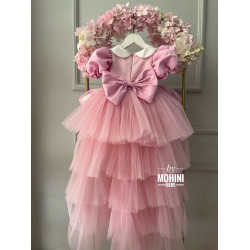 Rochie Prințesă Roz cu Guler Alb, Fundă Mare și Fustă Stratificată – Rochie Elegantă Tulle | Min Tail