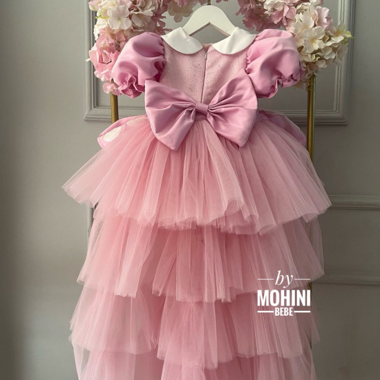 Rochie Prințesă Roz cu Guler Alb, Fundă Mare și Fustă Stratificată – Rochie Elegantă Tulle | Min Tail