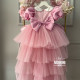 Rochie Prințesă Roz cu Guler Alb, Fundă Mare și Fustă Stratificată – Rochie Elegantă Tulle | Min Tail