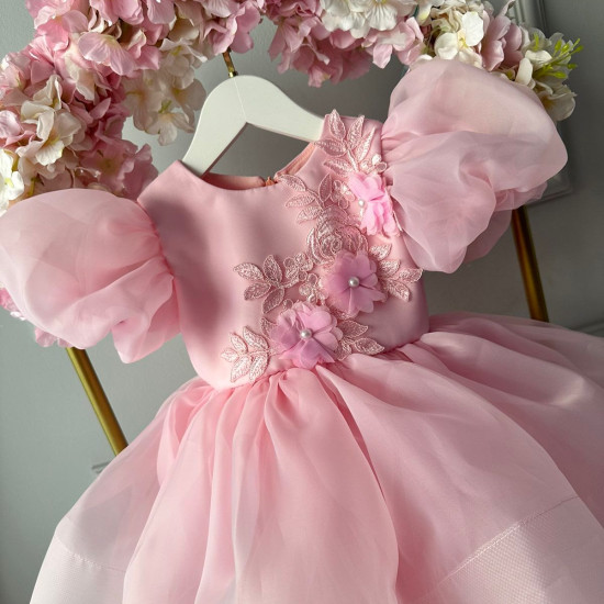 Rochie Prințesă Roz cu Mâneci Bufante Mari și Aplicații Florale – Rochie Elegantă Tulle | Organza Pink Flowers