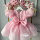 Rochie Prințesă Roz cu Mâneci Bufante Mari și Aplicații Florale – Rochie Elegantă Tulle | Organza Pink Flowers