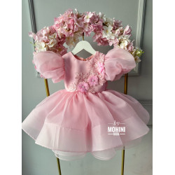 Rochie Prințesă Roz cu Mâneci Bufante Mari și Aplicații Florale – Rochie Elegantă Tulle | Organza Pink Flowers