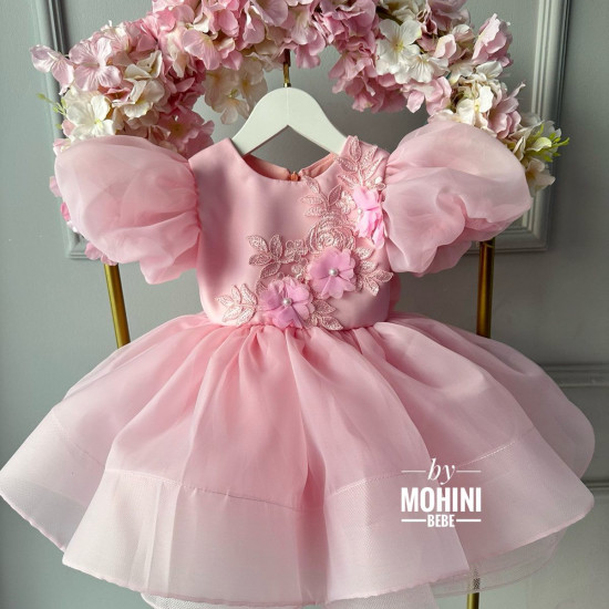 Rochie Prințesă Roz cu Mâneci Bufante Mari și Aplicații Florale – Rochie Elegantă Tulle | Organza Pink Flowers