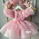Rochie Prințesă Roz cu Mâneci Bufante Mari și Aplicații Florale – Rochie Elegantă Tulle | Organza Pink Flowers