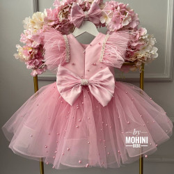 Rochie Prințesă Roz cu Pene și Perle – Rochie Elegantă Tulle pentru Fetițe | Little Baby Pink Pearls