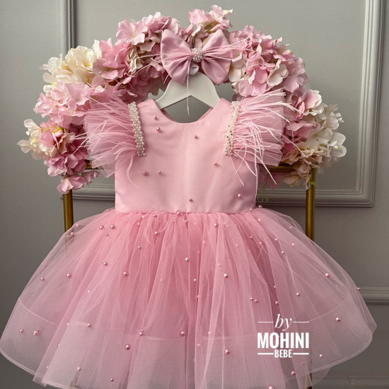 Rochie Prințesă Roz cu Pene și Perle – Rochie Elegantă Tulle pentru Fetițe | Little Baby Pink Pearls