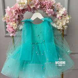 Rochie Prințesă Turcoaz cu Fundă Mare – Rochie Elegantă Tulle pentru Fetițe | Splendid Turquoise