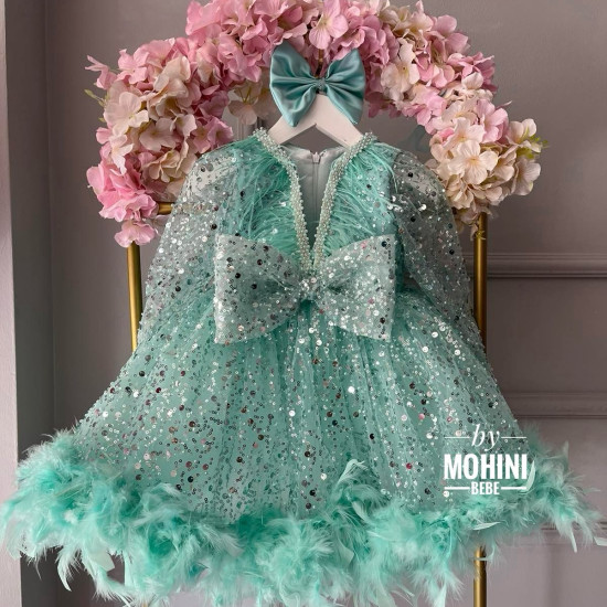 Rochie Prințesă Turcoaz cu Pene, Paiete și Fundă Mare – Rochie Scânteietoare de Petrecere |Turquoise Sparkle