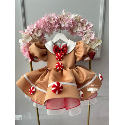 Rochie Prințesă Turtă Dulce Maro cu Guler Alb și Decorațiuni Peppermint – Rochie Gingerbread | Fairy Dress Bow