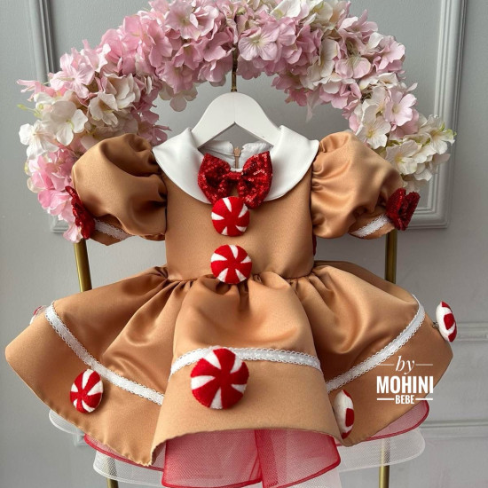 Rochie Prințesă Turtă Dulce Maro cu Guler Alb și Decorațiuni Peppermint – Rochie Gingerbread | Fairy Dress Bow