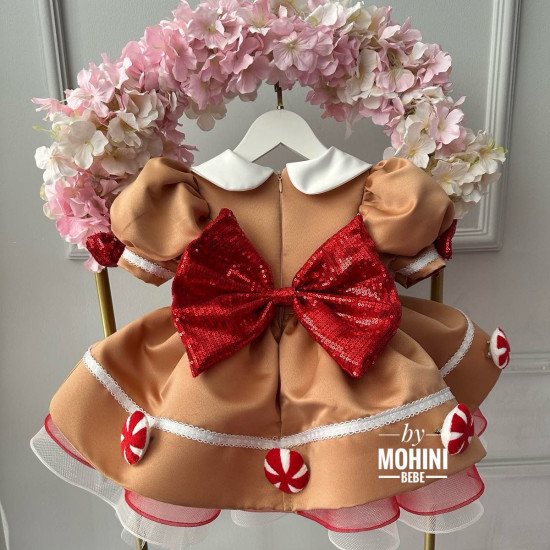 Rochie Prințesă Turtă Dulce Maro cu Guler Alb și Decorațiuni Peppermint – Rochie Gingerbread | Fairy Dress Bow