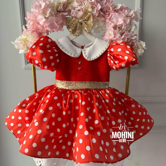 Rochie Roșie cu Buline Albe și Fundă Aurie – Rochie Prințesă Elegantă Red Min