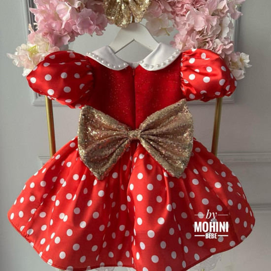 Rochie Roșie cu Buline Albe și Fundă Aurie – Rochie Prințesă Elegantă Red Min