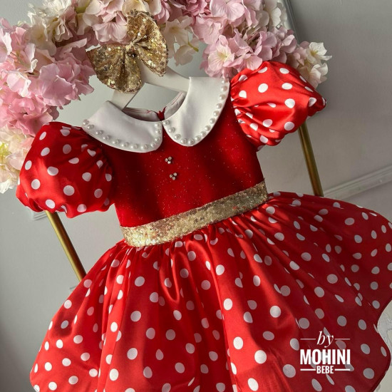 Rochie Roșie cu Buline Albe și Fundă Aurie – Rochie Prințesă Elegantă Red Min