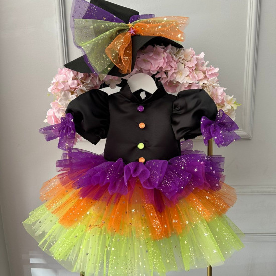 Rochie Vrăjitoare Curcubeu cu Pălărie – Rochie Halloween Multicolor Scânteietoare | Amazing Fairytale Dress