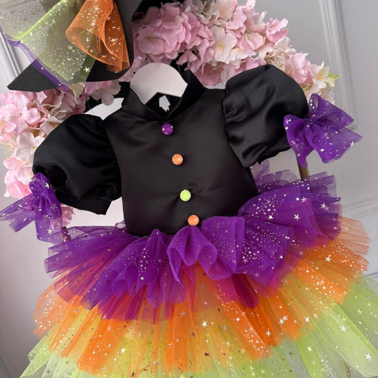Rochie Vrăjitoare Curcubeu cu Pălărie – Rochie Halloween Multicolor Scânteietoare | Amazing Fairytale Dress