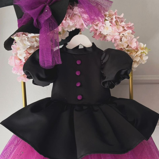 Rochie Vrăjitoare Prințesă Neagră cu Fustă Mov Scânteietoare și Pălărie – Rochie Elegantă Halloween Black Fairytale