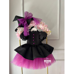 Rochie Vrăjitoare Prințesă Neagră cu Fustă Mov Scânteietoare și Pălărie – Rochie Elegantă Halloween Black Fairytale