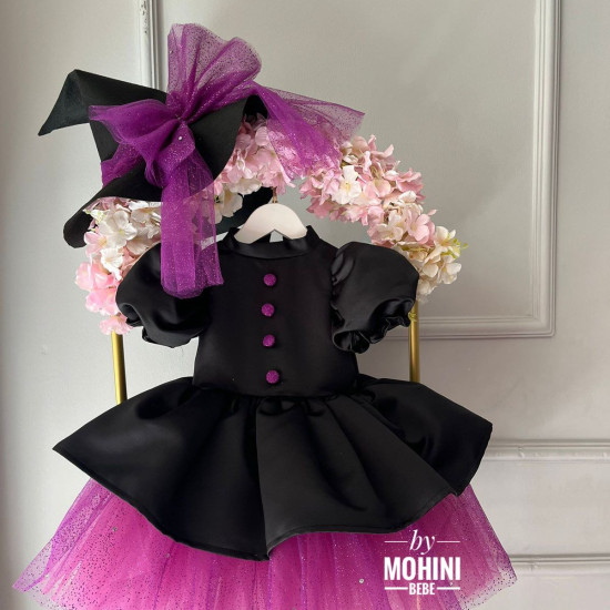 Rochie Vrăjitoare Prințesă Neagră cu Fustă Mov Scânteietoare și Pălărie – Rochie Elegantă Halloween Black Fairytale