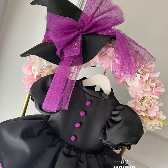 Rochie Vrăjitoare Prințesă Neagră cu Fustă Mov Scânteietoare și Pălărie – Rochie Elegantă Halloween Black Fairytale