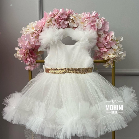 Rochie de Botez Prințesă Albă cu Fundă Aurie și Trenă – Rochie Elegantă Suki Tail