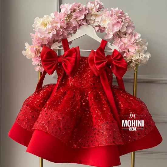 Rochie de Ocazie Fetițe Roșie cu Fundițe Mari – Rochie Prințesă Paiete – Red Bow