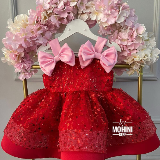 Rochie de Ocazie Fetițe Roșie cu Fundițe Roz – Rochie Prințesă cu Paiete | Samantha