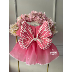 Rochie de Ocazie Prințesă cu Aripi de Fluture – Roz Aprins, pentru Botez și Aniversări | New Pink Luxury Butterfly Dress