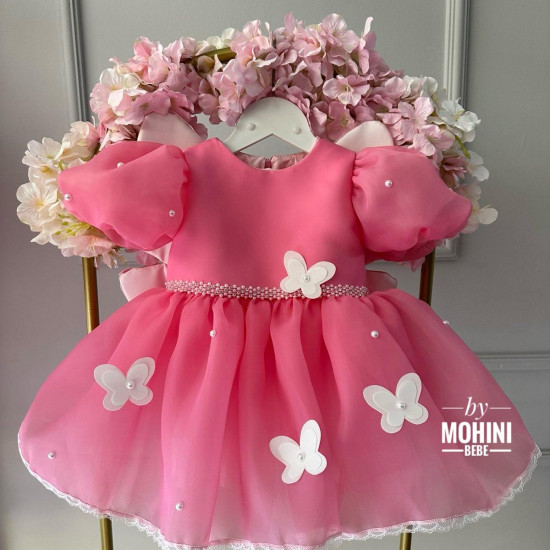 Rochie de Ocazie Prințesă cu Aripi de Fluture – Roz Aprins, pentru Botez și Aniversări | New Pink Luxury Butterfly Dress