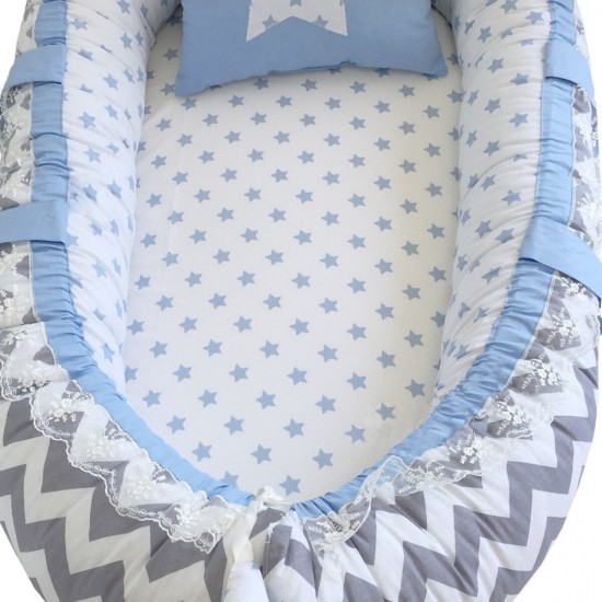 Baby nest GRAY ZIGZAG BLEU din bumbac organic