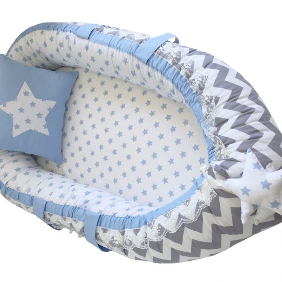 Baby nest GRAY ZIGZAG BLEU din bumbac organic