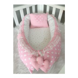 Baby nest PINK STAR WHITE din bumbac organic