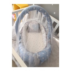 Baby nest BLUE STAR din bumbac organic cu arcada si plasa protectoare, 3 piese