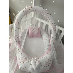 Baby nest CUTE BUTTERFLY din bumbac organic cu arcada si plasa protectoare, 3 piese