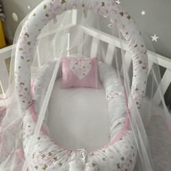 Baby nest CUTE BUTTERFLY din bumbac organic cu arcada si plasa protectoare, 3 piese