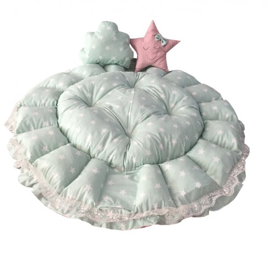 Baby nest GREEN  STAR din bumbac organic cu arcada si plasa protectoare, 5 piese