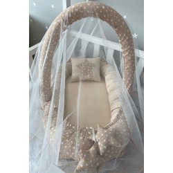 Baby nest STAR BEIGE din bumbac organic cu arcada si plasa protectoare, 3 piese