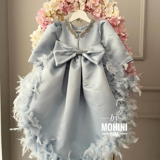 Rochie trena fete - Rochie bleu cu pene Baby Blue Rafaella