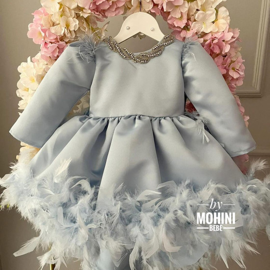 Rochie trena fete - Rochie bleu cu pene Baby Blue Rafaella