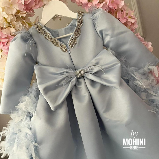 Rochie trena fete - Rochie bleu cu pene Baby Blue Rafaella