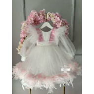 Rochie fetite alba cu pene roz Special Marissa Dress
