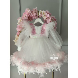 Rochie fetite alba cu pene roz Special Marissa Dress