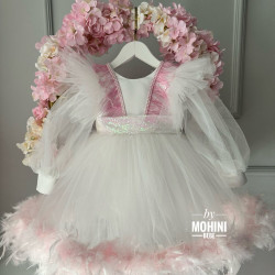 Rochie fetite alba cu pene roz Special Marissa Dress
