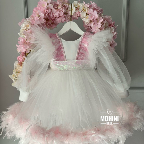 Rochie fetite alba cu pene roz Special Marissa Dress