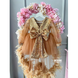 Rochie festivă fetiță - Rochie aurie cu trena si pene Andrada