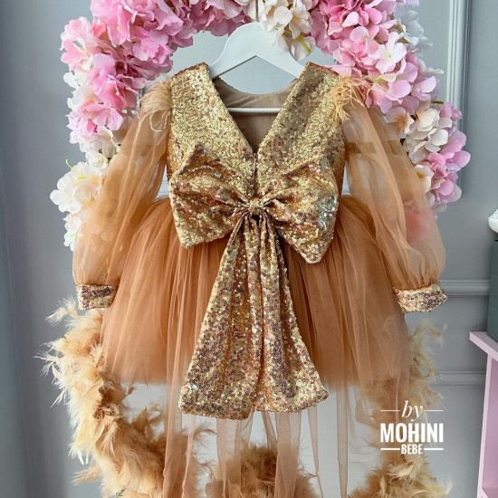 Rochie festivă fetiță - Rochie aurie cu trena si pene Andrada
