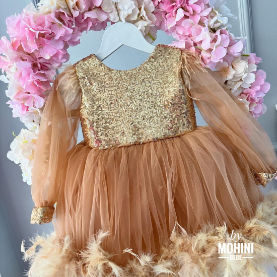 Rochie festivă fetiță - Rochie aurie cu trena si pene Andrada
